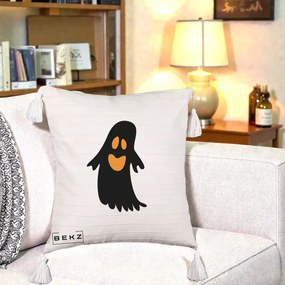 Perna Decorativa Halloween Fantoma Neagra cu Ochi Portocalii, 40x40 cm, Bej cu Franjuri, Husa Detasabila, Perna Inclusa, BEKZ®