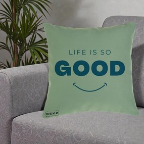 Perna Decorativa Life is So Good Mesaj Pozitiv, 40x40 cm, Verde, Husa Detasabila, Perna Inclusa, BEKZ®