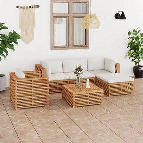 Set mobilier de gradina cu perne crem 6 piese lemn masiv de tec Crem, 2x colt + mijloc + fotoliu + 2x suport pentru picioare, 1