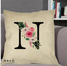 Cadou Personalizat - Perna Personalizata Monograma Florala Litera N, 40x40 cm, Crem, Husa Detasabila, Perna Inclusa, BEKZ®