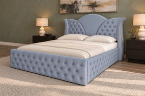 Pat tapițat Chesterfield din catifea Velora Deluxe Classic 160×200 cm, gri deschis, cu ladă de depozitare