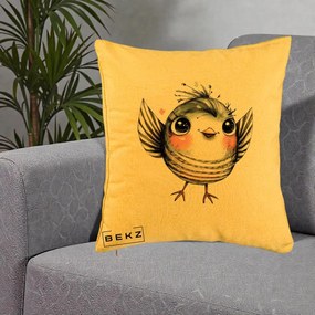 Perna Decorativa Pasare Gri cu Aripi si Inimioare, 40x40 cm, Galben, Husa Detasabila, Perna Inclusa, BEKZ®