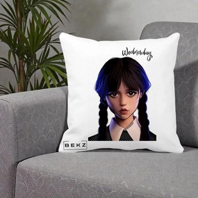 Perna Personalizata Wednesday Addams Portret Realist, 40x40 cm, Alba Mata, Husa Detasabila, Perna Inclusa, BEKZ®