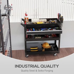 DURHAND Cărucior cu 3 Niveluri din Oțel cu Sertar, Suport Lateral pentru Unelte și Mâner, Negru | Aosom Romania