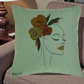 Perna Decorativa Portret Feminin Trandafiri Ruginii, 40x40 cm, Verde, Husa Detasabila, Perna Inclusa, BEKZ®