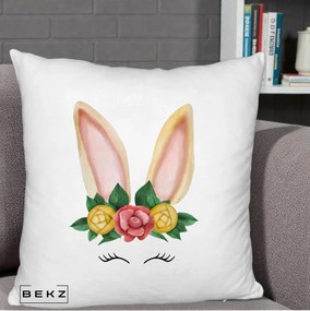 Perna Decorativa Iepuras Flori Urechi Pastelui, 40x40 cm, Alb Pufos, Husa Detasabila, Perna Inclusa, BEKZ®
