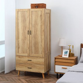 HOMCOM Dulap Dormitor 2 Uși cu 2 Sertare și Bară pentru Umerașe 80x54x180 cm Lemn | Aosom Romania