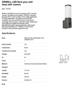 Aplica LED de exterior cu Camera de Securitate WIFI / Microfon / Difuzor ORWELL