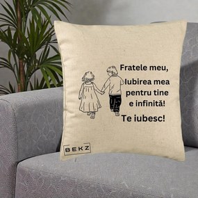 Cadou pentru Frate - Perna Personalizata Fratele Meu Te Iubesc Copii Tinand Maini Varianta 2, 40x40 cm, Bej, Husa Detasabila, Perna Inclusa, BEKZ®
