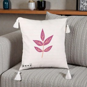 Perna Decorativa Ramura Botanica Mov, 40x40 cm, Bej cu Franjuri, Husa Detasabila, Perna Inclusa, BEKZ®