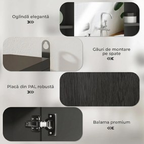 HOMCOM Dulap cu Oglindă pentru Baie, 3 Rafturi Laterale, Raft Reglabil, MDF și PAL, 60x14,5x49,4 cm, Negru și Lemn Natur | Aosom Romania