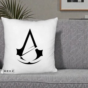 Perna Personalizata Assassin's Creed Minimalist, 40x40 cm, Alb Pufos, Husa Detasabila, Perna Inclusa, BEKZ®
