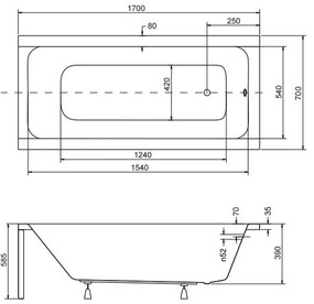 Cada baie dreptunghiulara, acril, 170 x 70 cm, Besco Modern 1700x700 mm