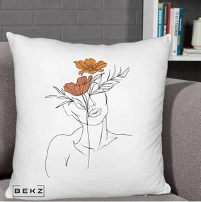 Perna Decorativa Portret Feminin Doua Flori, 40x40 cm, Alb Pufos, Husa Detasabila, Perna Inclusa, BEKZ®