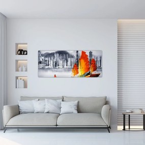 Tablou - Victoria Harbour, Hong Kong, pictură în ulei alb- negru (120x50 cm)