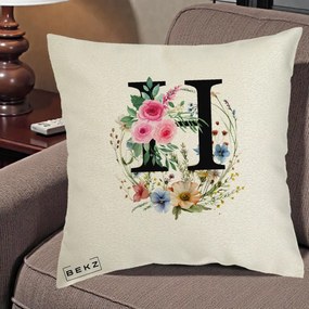 Cadou Personalizat - Perna Personalizata Monogram Litera H cu Flori Acuarela, 40x40 cm, Ecru, Husa Detasabila, Perna Inclusa, BEKZ®