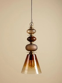 Lustră din sticlă texturată camel cu structură din alamă antichizată cu elemente sferice decorative, formă conică, 65 × 29 cm, „Astrolab"