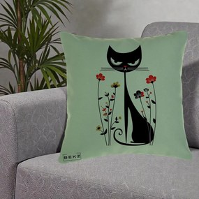 Perna Decorativa Pisica Neagra Grafica Flori Rosii, 40x40 cm, Verde, Husa Detasabila, Perna Inclusa, BEKZ®