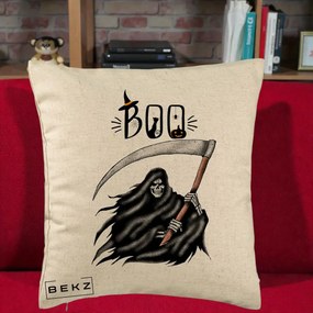 Perna Decorativa Halloween Boo Grim Reaper cu Coasa, 40x40 cm, Bej, Husa Detasabila, Perna Inclusa, BEKZ®
