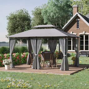 Outsunny Gazebo 4x3 m cu 6 Perdele și Acoperiș cu 2 Niveluri, din Oțel și Poliester, Gri Închis | Aosom Romania