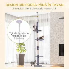 PawHut Ansamblu Pisici Înalt de la Podea la Tavan Gri Alb Înălțime Reglabilă Casuță Jocuri | Aosom Romania