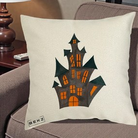 Perna Decorativa Halloween Casa Bantuita Minimalista, 40x40 cm, Ecru, Husa Detasabila, Perna Inclusa, BEKZ®