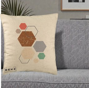 Perna Decorativa Geometric Hexagoane Multicolor, 40x40 cm, Bej, Husa Detasabila, Perna Inclusa, BEKZ®