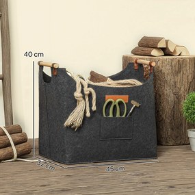 Outsunny Sac din Fetru pentru Lemne de Foc, Coș Portalemne de Interior cu Mânere din Lemn, Coș Multiuz pentru Pături, Reviste și Bucșe de Lemn, 45x32x40 cm, Gri Închis | Aosom Romania