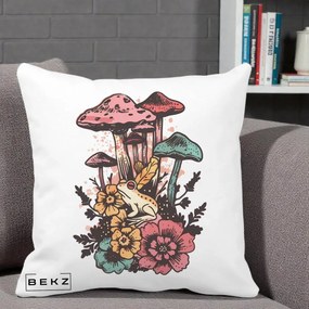 Perna Decorativa Ciuperci si Broaste Boho, 40x40 cm, Alba Mata, Husa Detasabila, Perna Inclusa, BEKZ®