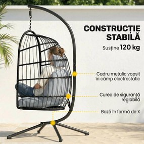 Outsunny Scaun Suspendat Tip Ou, Leagăn pentru Exterior cu Suport și Centură de Siguranță, Negru/Gri Deschis | Aosom Romania