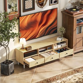HOMCOM Mobilier TV pentru până la 75", cu 3 sertare, 3 rafturi deschise și canal pentru cabluri, 140 x 34 x 45 cm, lemn natural | Aosom Romania