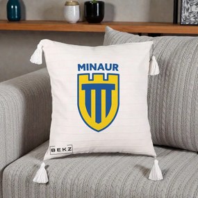 Perna Personalizata Minaur Baia Mare Fotbal, 40x40 cm, Bej cu Franjuri, Husa Detasabila, Perna Inclusa, BEKZ®