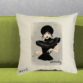 Perna Personalizata Wednesday Addams Portret Gotic, 40x40 cm, Ecru, Husa Detasabila, Perna Inclusa, BEKZ®
