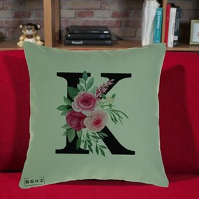 Cadou Personalizat - Perna Personalizata Monograma Florala Litera K, 40x40 cm, Verde, Husa Detasabila, Perna Inclusa, BEKZ®