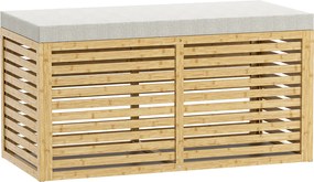 HOMCOM Bancă de depozitare, cufăr tapițat din material cu aspect de in, capac și structură din bambus, gri și lemn natural | Aosom Romania