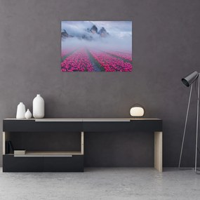 Tablou pe sticlă - Peisaj cu câmpuri de lalele (70x50 cm)