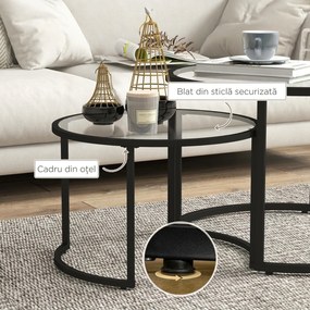 HOMCOM Set de 2 Mese de Cafea Suprapozabile din Sticlă și Oțel, Ø70x47.5 cm și Ø54x42.5 cm, Negru | Aosom Romania