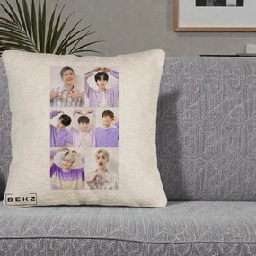 Perna Personalizata K-pop BTS Colaj 7 Portrete cu Inimi Lila, 40x40 cm, Bej Canapea, Husa Detasabila, Perna Inclusa, BEKZ®