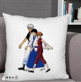Perna Personalizata Gintama Trio Gintoki Shinpachi Kagura, 40x40 cm, Alb Pufos, Husa Detasabila, Perna Inclusa, BEKZ®