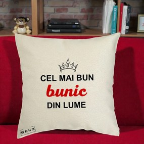 Cadou pentru Bunic - Perna Personalizata Cel Mai Bun Bunic Din Lume Coroana Rosu, 40x40 cm, Ecru, Husa Detasabila, Perna Inclusa, BEKZ®
