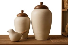 Vază decorativă tip tibor, stil rustic natural, culoare teracotă cu blat natur, din lemn de mango, „Tibor”