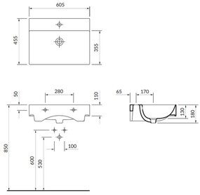 Lavoar pe blat alb 60 cm, dreptunghiular, Cersanit Inverto ROCKLITE