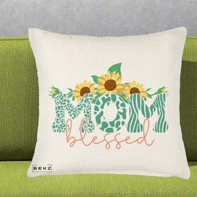 Cadou pentru Mama - Perna Personalizata Mom Blessed cu Floarea Soarelui Animal Print Teal, 40x40 cm, Crem Reliefat, Husa Detasabila, Perna Inclusa, BEKZ®
