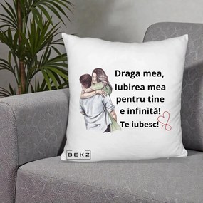 Cadou pentru Iubita - Perna Personalizata Draga Mea Iubirea Mea Infinita Te Iubesc cu Cuplu Acuarela, 40x40 cm, Alb Pufos, Husa Detasabila, Perna Inclusa, BEKZ®