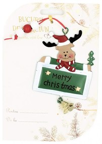Decorațiune verde, din metal, ren, cu clopoțel - Merry Christmas