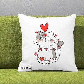 Perna Decorativa Pisica Kawaii cu Inimi, 40x40 cm, Alba Mata, Husa Detasabila, Perna Inclusa, BEKZ®