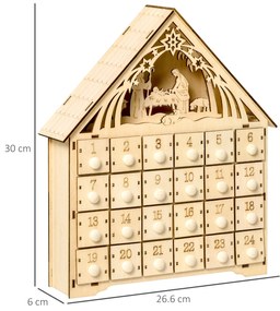 Calendar Advent din Lemn 24 Sertare Decoratiune de Craciun cu Nasterea Domnului Sculptata si Luminite, 26.6x6x30cm HOMCOM | Aosom RO