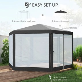 Outsunny Pavilion 4x4 m de Gradina Hexagonal cu Pereti din Plasa, 2 Usi si Picioare Reglabile, Pavilion din Metal si Poliester | Aosom Romania