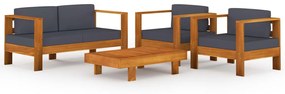 Set mobilier gradina perne gri inchis, 4 piese, lemn acacia Morke gra, 2x fotoliu + banca + masa, 1