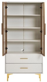 Vitrină Elegantă din Sticlă, cu Picioare Aurii și Rafturi Reglabile, Iluminare LED Multicoloră, potrivită pentru living, birou, 70x35x150 cm, Albă